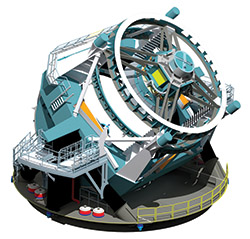 A three dimensional rendering of the baseline design for the LSST with the telescope pointed at an elevation of about 45 degrees.