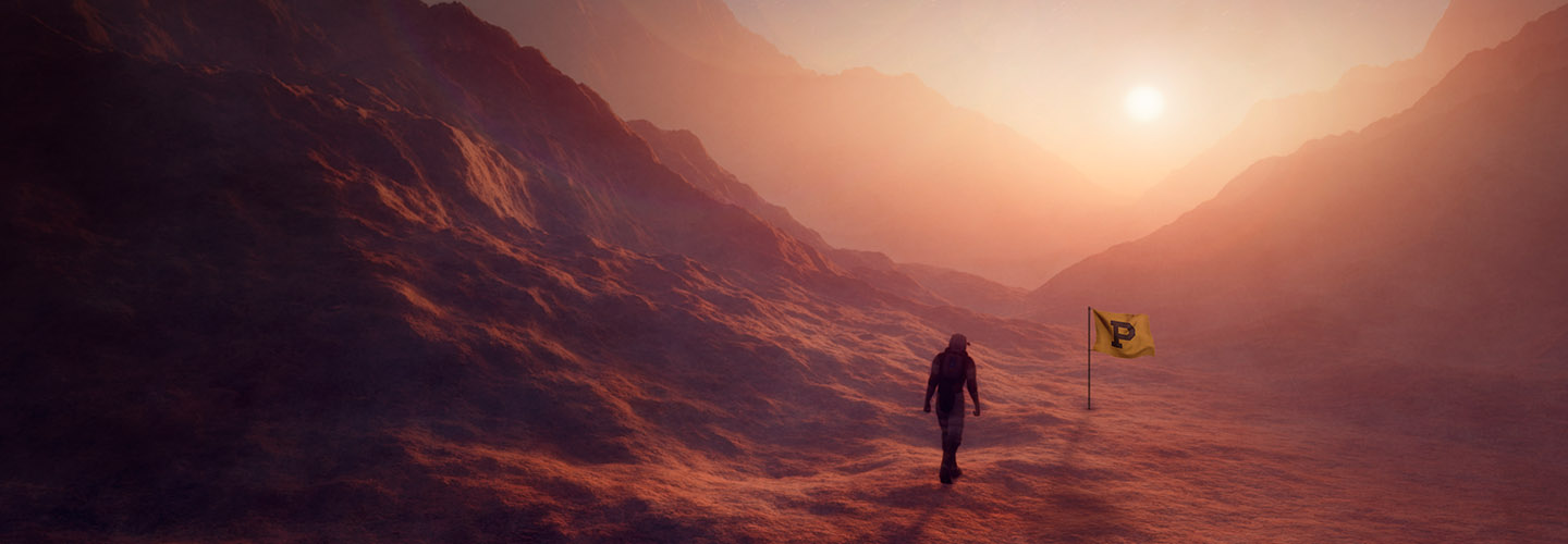 An astronaut on Mars walking toward a Purdue flag