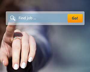 Woman looking for job by pressing search button on virtual touch screen